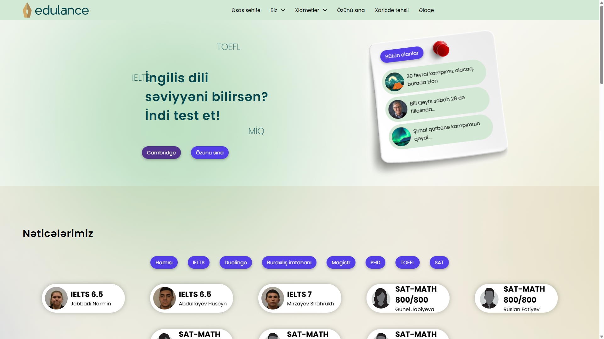 Screenshot of Website for Edulance